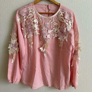 Elegant Pink Aplique Floral Lace Women's Blouse Long Sleeve Size M